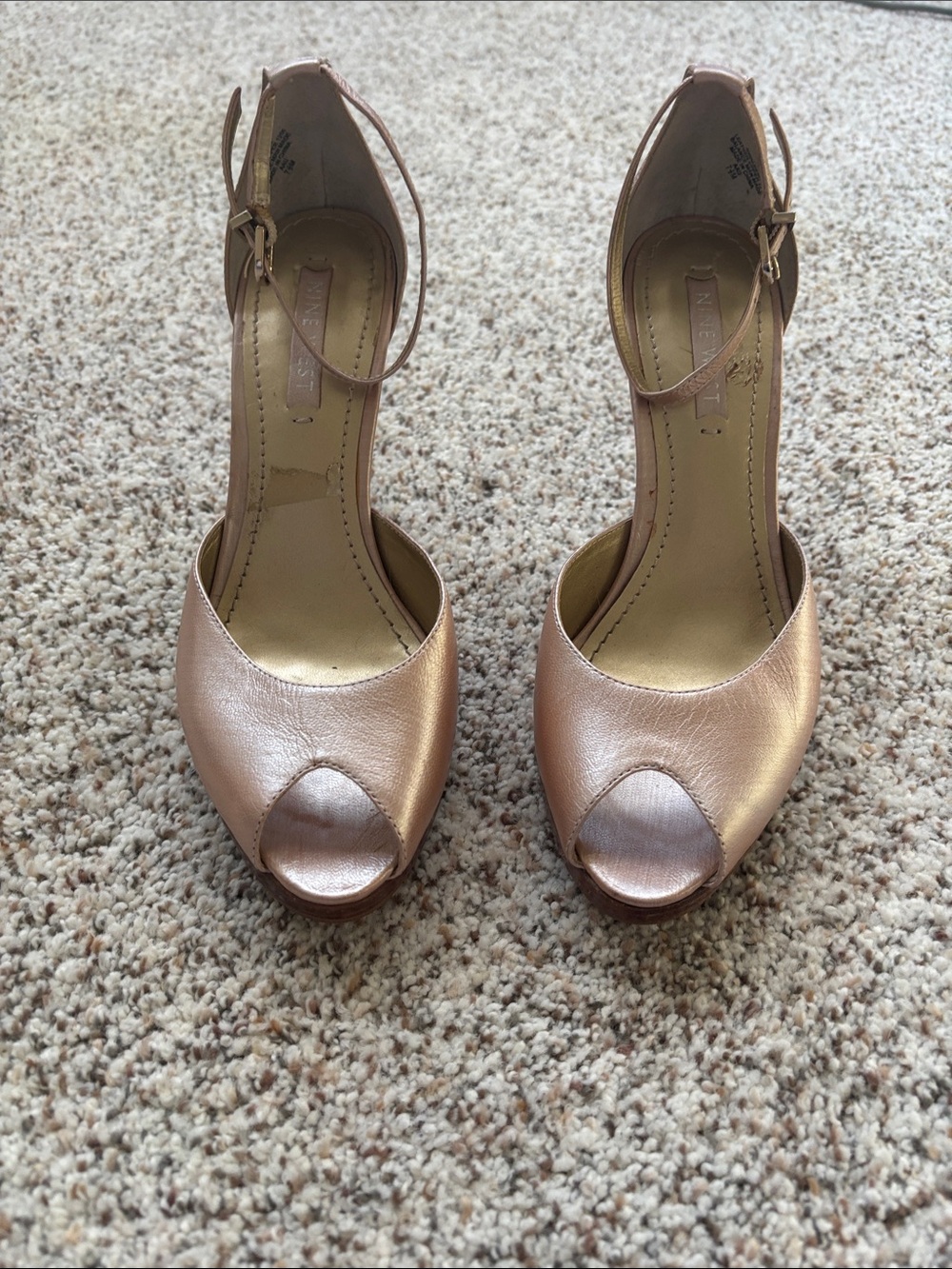 Metallic Rose Gold Peep-Toe Ankle Strap and Leather Uppers by Nine West
